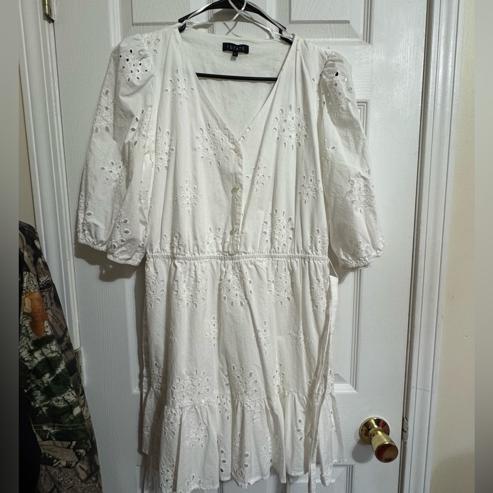 1. State White Eyelet Mid Sleeve Dress